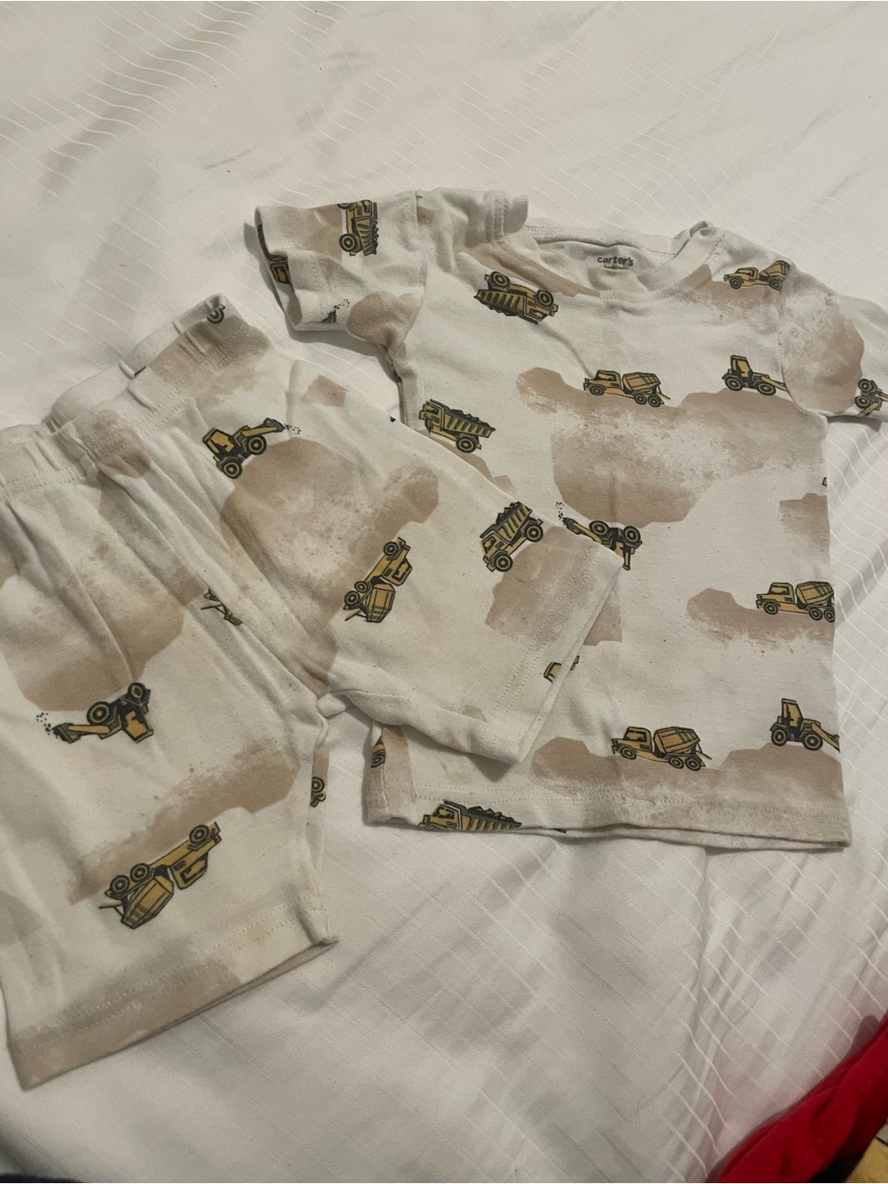 Carter's White Pajama Set with Tan Wash and Yellow Truck Print